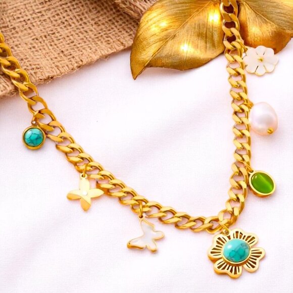 🆕Chunky 18K Gold Plated TrendybNecklace Colorful Charms Pearl Accents Y2K Style - Picture 1 of 14